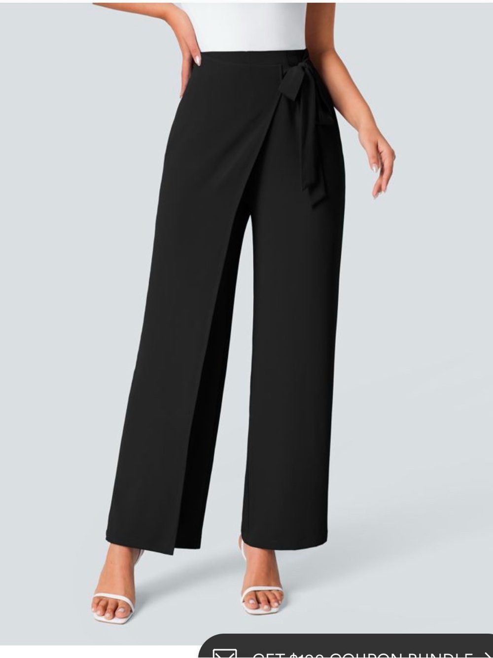 HALARA Black Wrap-Front Wide Leg Pants with Side Tie